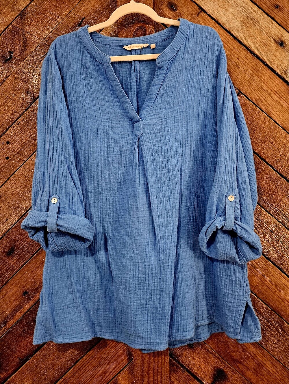 Soft Surroundings Blue Cotton Gauze Notch-Neck Top 3/4 Tab Sleeve Sz 2X EUC